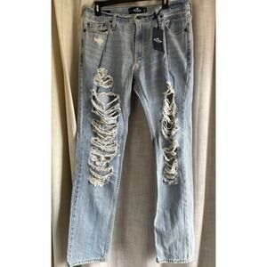 Hollister Mens Size 33 x 32 Skinny Fit Blue Jeans Light Wash Thrashed NWT